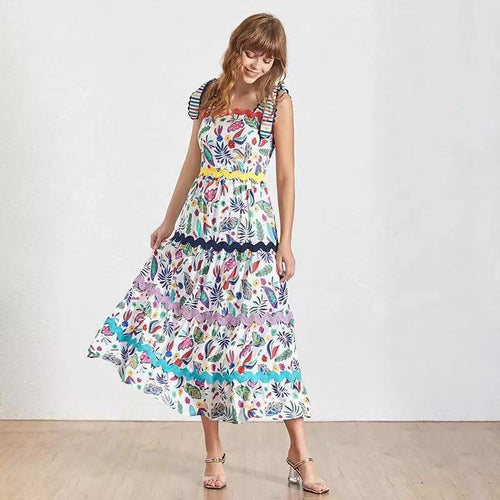 Designer Runway Summer Party Plus Size Long Dress Elegant Retro Flower Printed Spaghetti Strap Beach Dresses