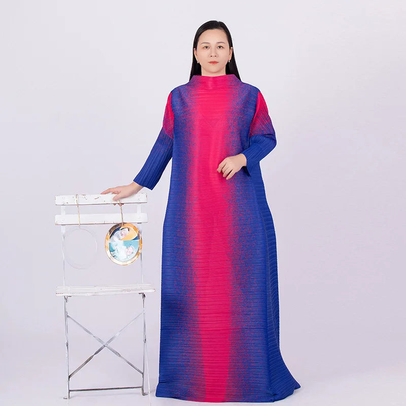 Spring Multicolor Printing Round Neck Long Sleeve Loose Plus Size Luxury Evening Dresses