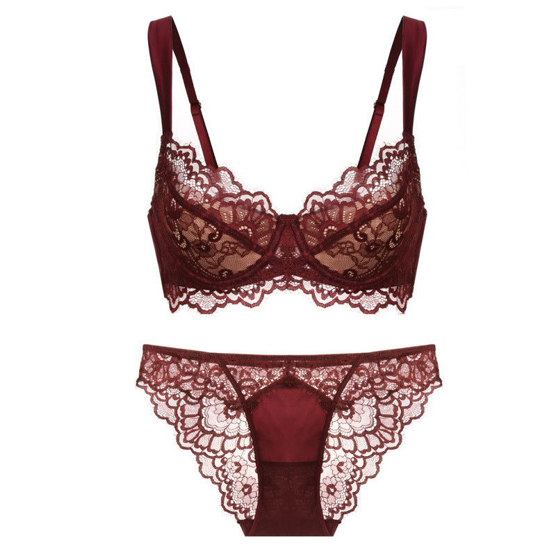 Women's Sexy Thin Cotton Eyelash Lace Bra Large Chest Minimizer Anti-Sagging Plus Size Lingerie Set