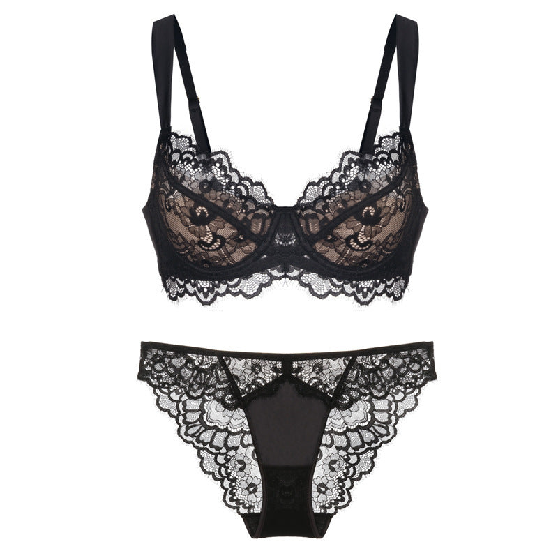 Women's Sexy Thin Cotton Eyelash Lace Bra Large Chest Minimizer Anti-Sagging Plus Size Lingerie Set