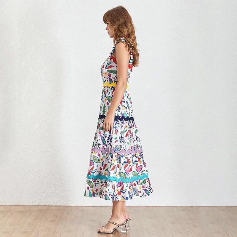 Designer Runway Summer Party Plus Size Long Dress Elegant Retro Flower Printed Spaghetti Strap Beach Dresses