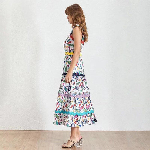 Designer Runway Summer Party Plus Size Long Dress Elegant Retro Flower Printed Spaghetti Strap Beach Dresses