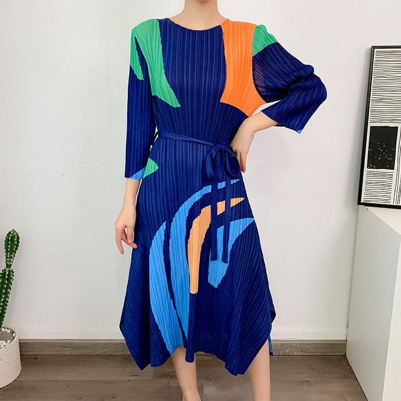Miyake Pleated Geometric Printed Dress Spring Summer Loose Plus Size Seven Sleeve Long Dresses