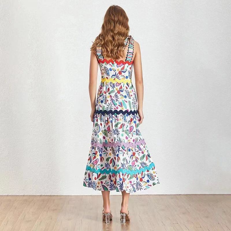 Designer Runway Summer Party Plus Size Long Dress Elegant Retro Flower Printed Spaghetti Strap Beach Dresses