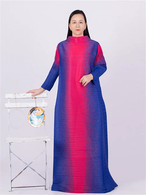 Spring Multicolor Printing Round Neck Long Sleeve Loose Plus Size Luxury Evening Dresses