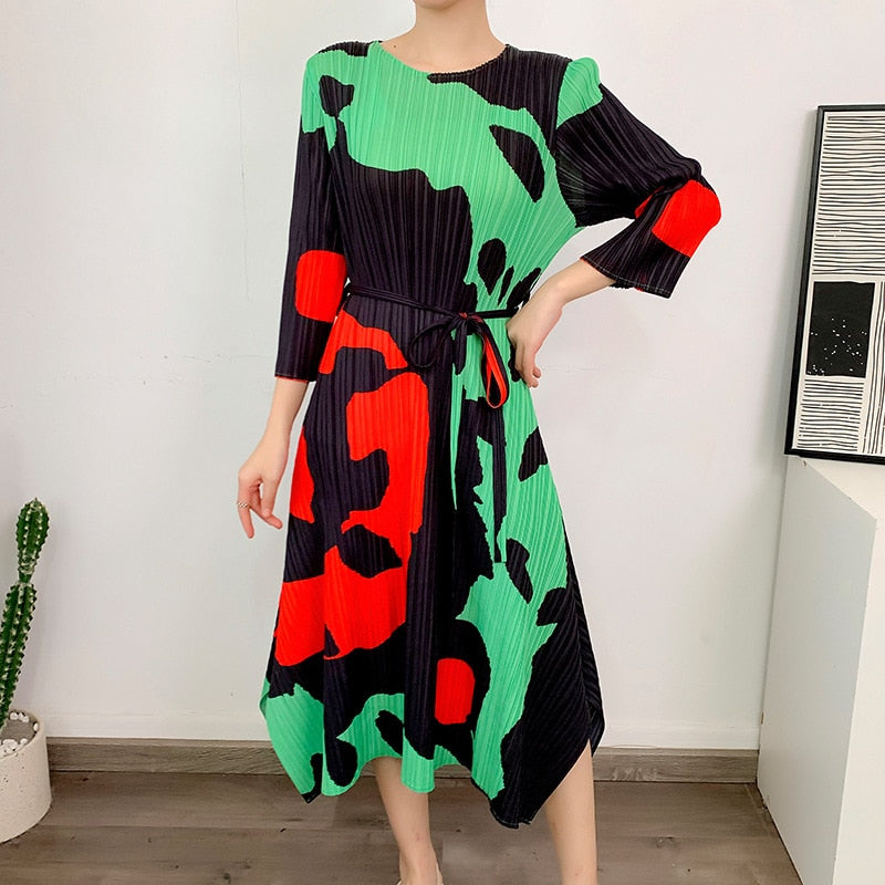 Miyake Pleated Geometric Printed Dress Spring Summer Loose Plus Size Seven Sleeve Long Dresses