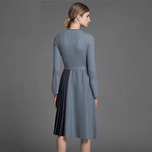 Elegant Lady Midi Dress Patchwork Striped Blue Flare Long Sleeve Office Lady Robe Dresses Autumn Winter Plus Size